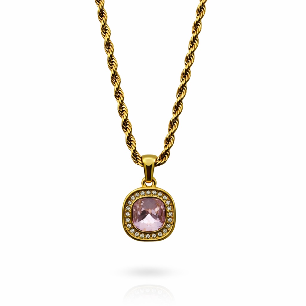 Stainless Steel Square Pink Topaz Pendant 45$